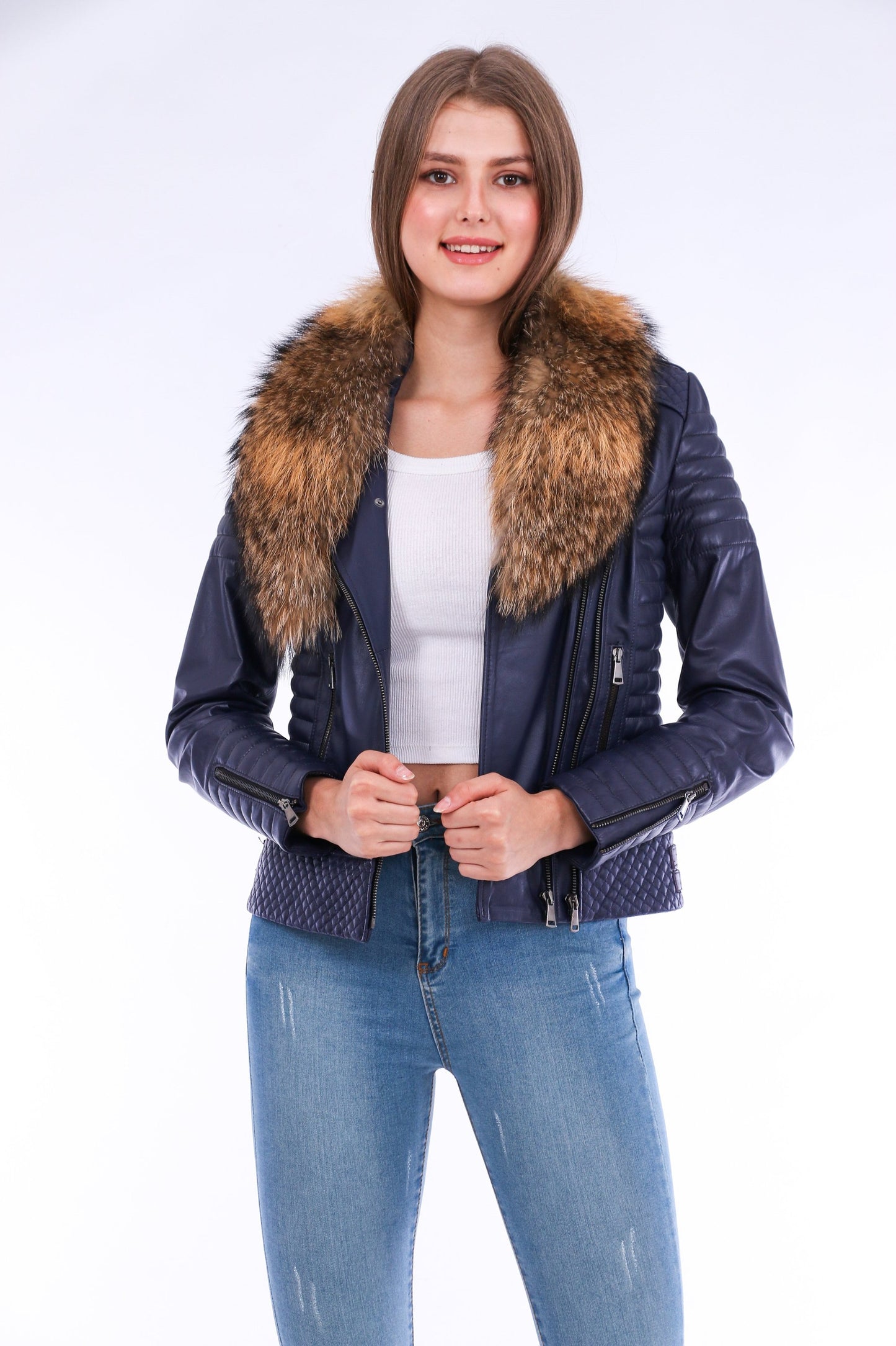 Milani Quilted Leather Biker Jacket - Navy Blue