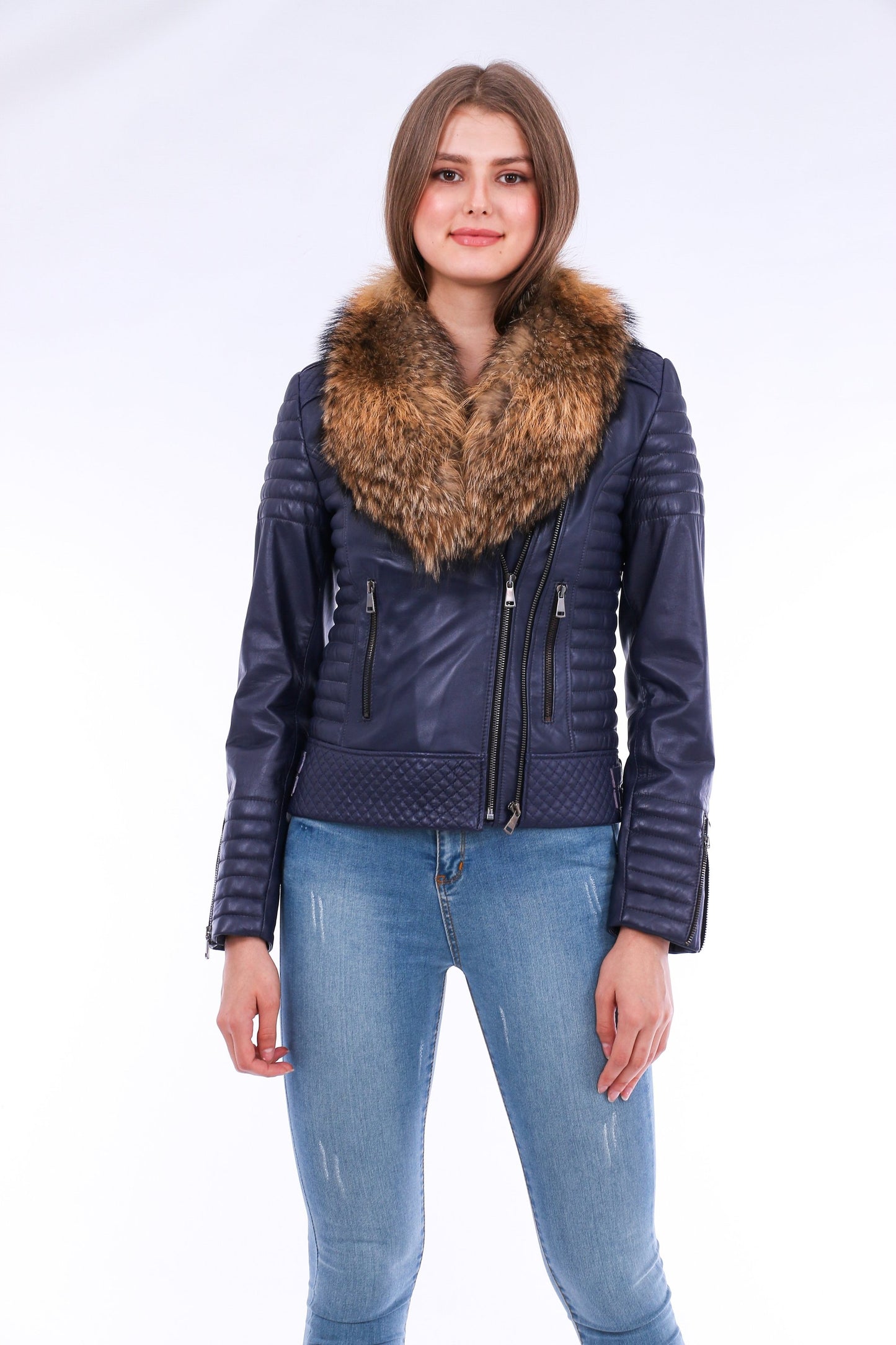 Milani Quilted Leather Biker Jacket - Navy Blue