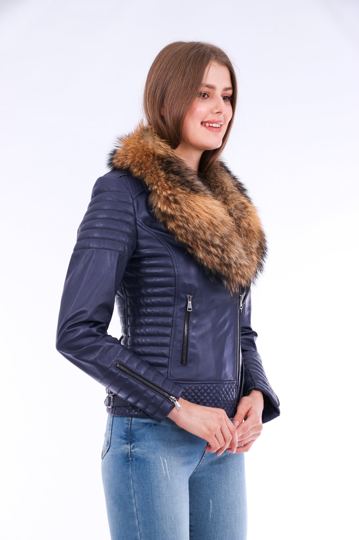 Milani Quilted Leather Biker Jacket - Navy Blue