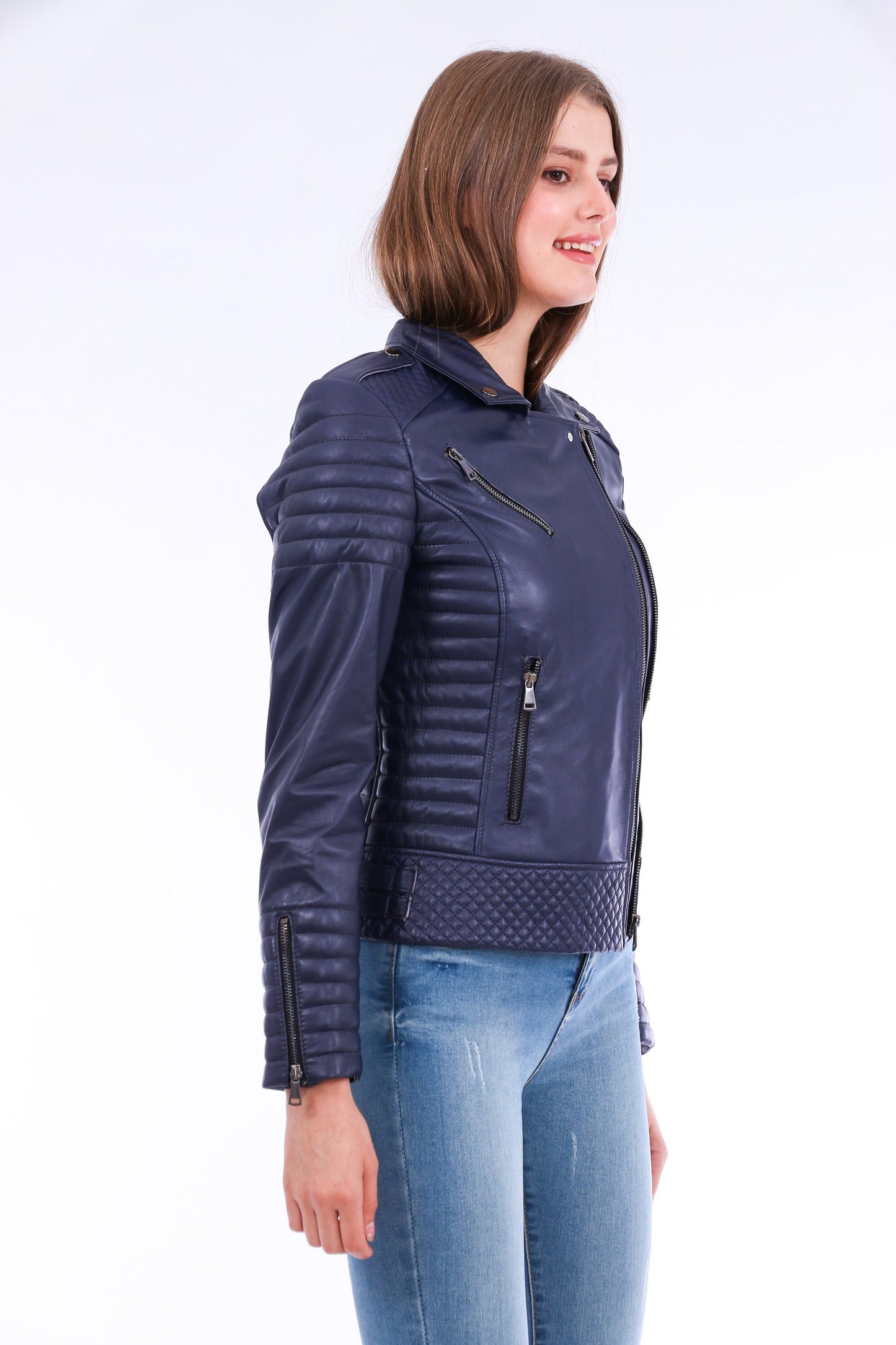 Milani Quilted Leather Biker Jacket - Navy Blue