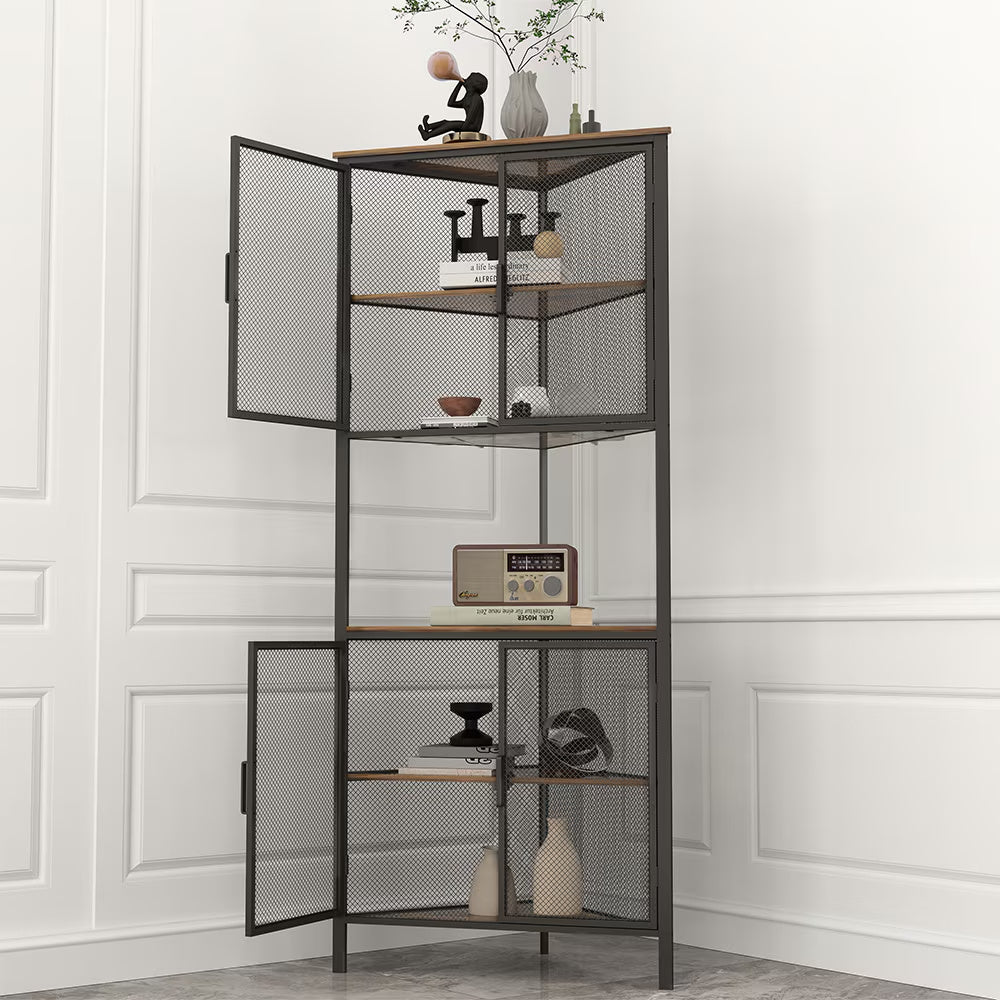 6-Tier Corner Shelf With Storage Cabinet,Bookshelf With Metal Mesh Door,for Living Room